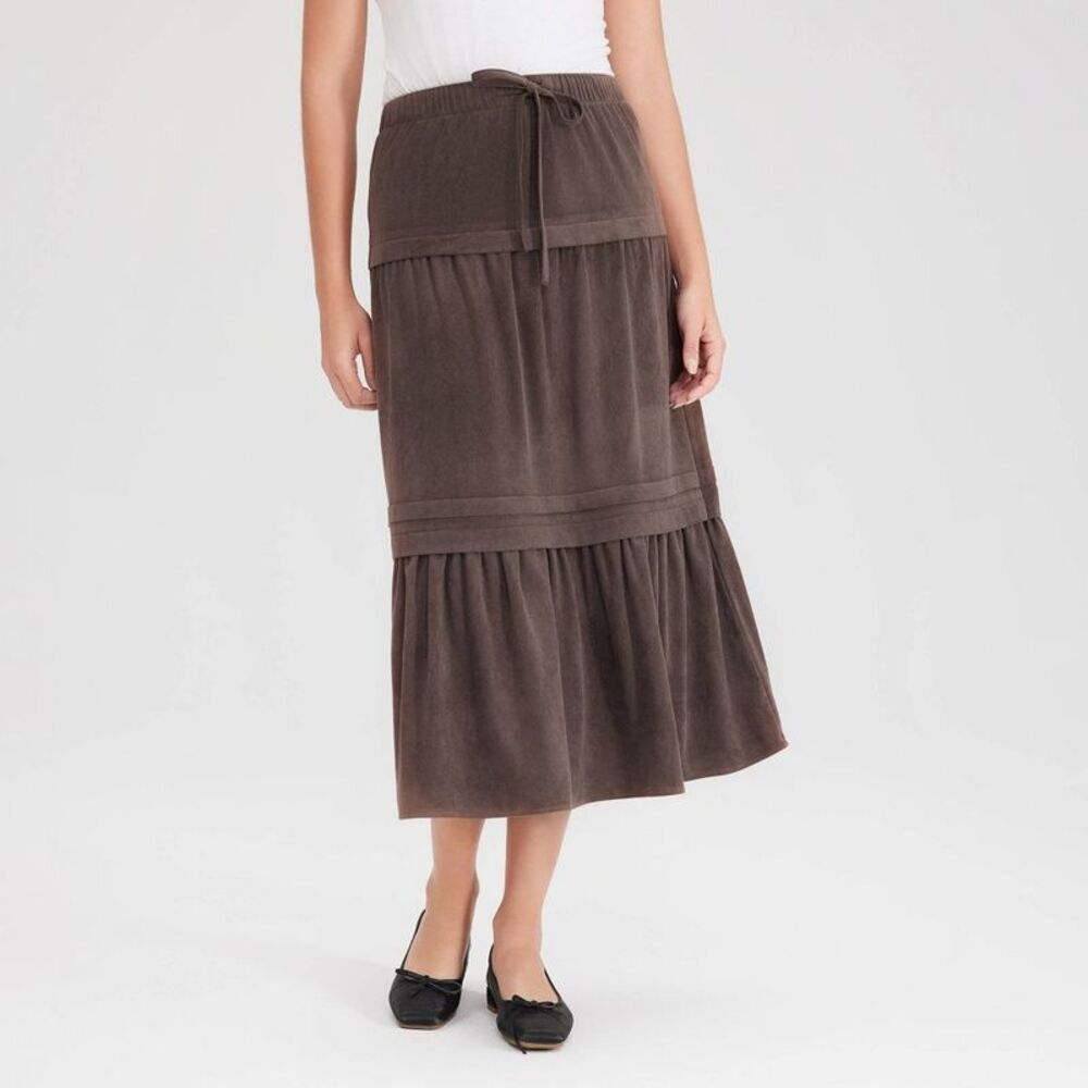 Women's Faux Suede Tiered Midi A-Line Skirt - Universal Thread Taupe S